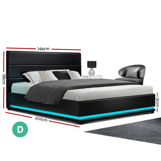 Bed Frame Double Size LED Gas Lift Black LUMI By Artiss