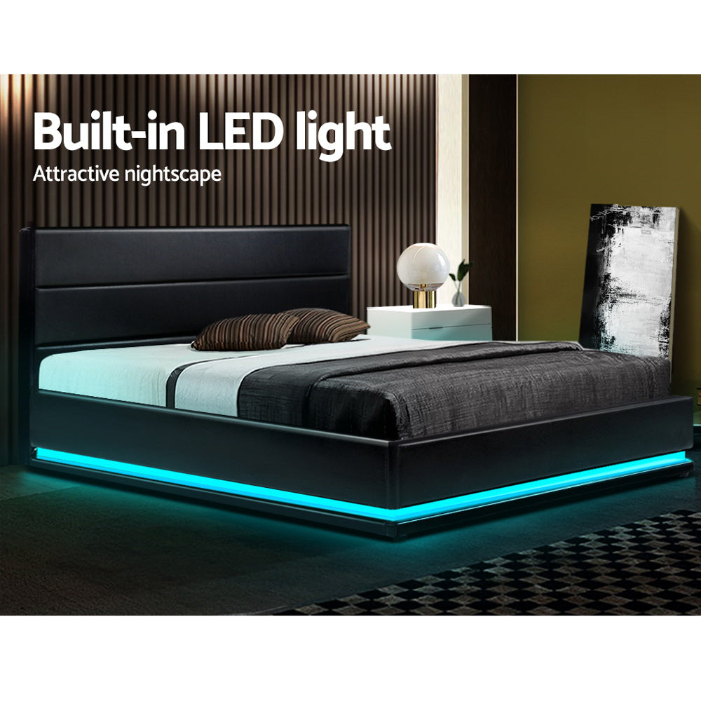 Bed Frame Double Size LED Gas Lift Black LUMI By Artiss