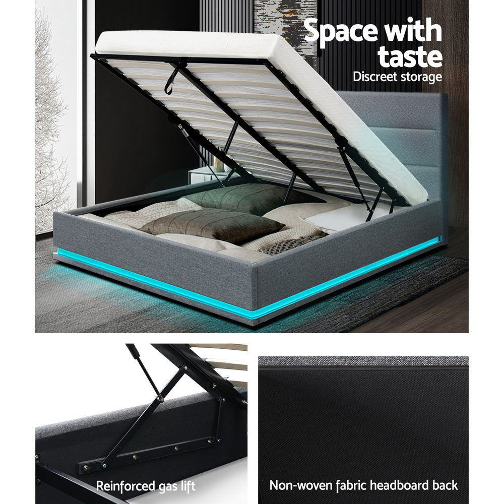 Bed Frame Queen Size LED Gas Lift Grey LUMI By Artiss