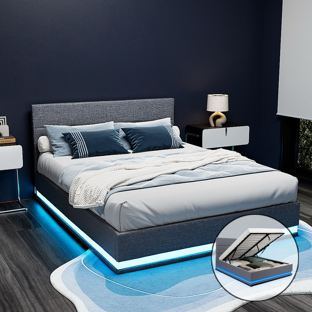 Bed Frame Queen Size LED Gas Lift Grey LUMI By Artiss