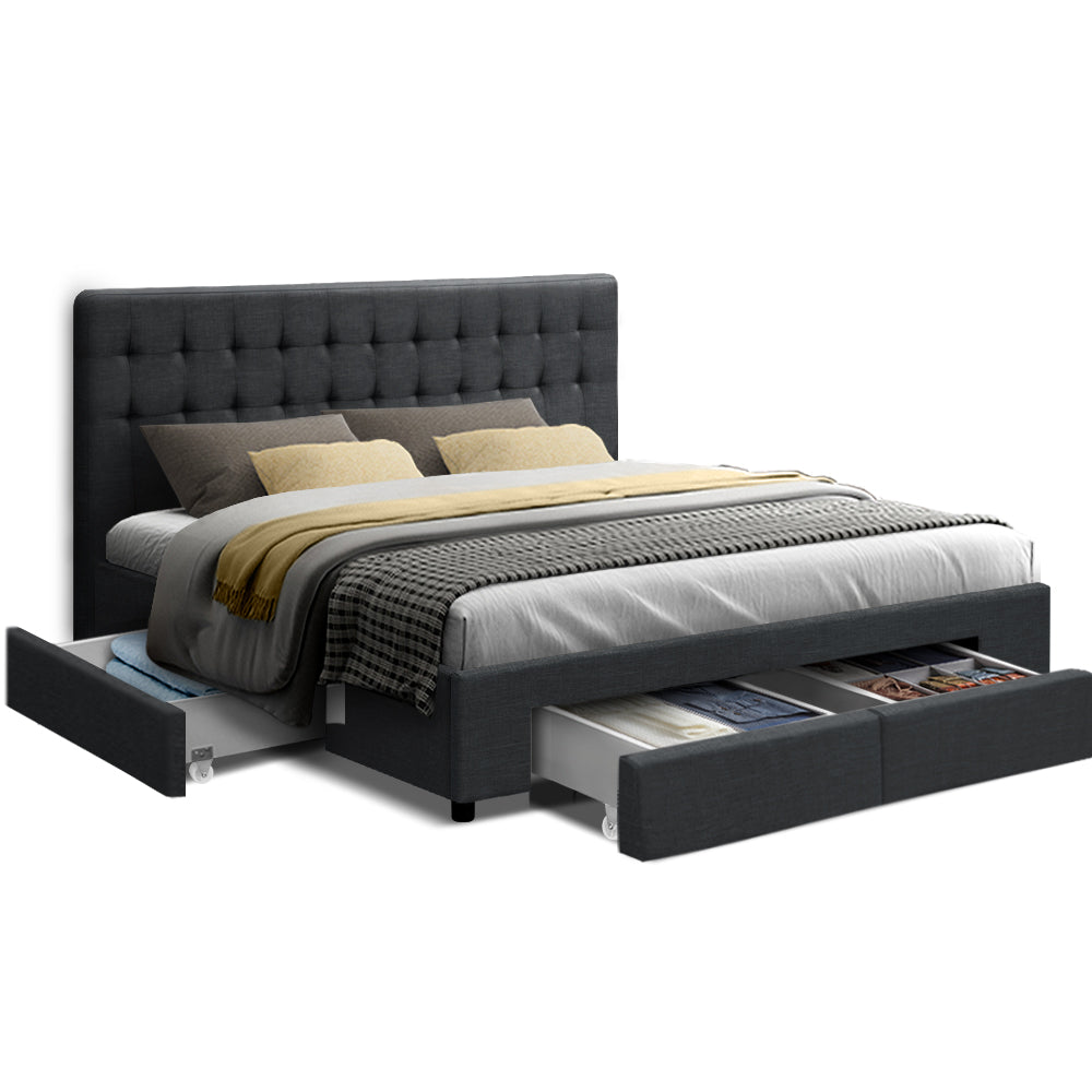 Bed Frame King Size with 4 Drawers Charcoal AVIO By Artiss
