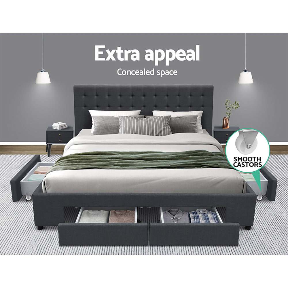 Bed Frame King Size with 4 Drawers Charcoal AVIO By Artiss