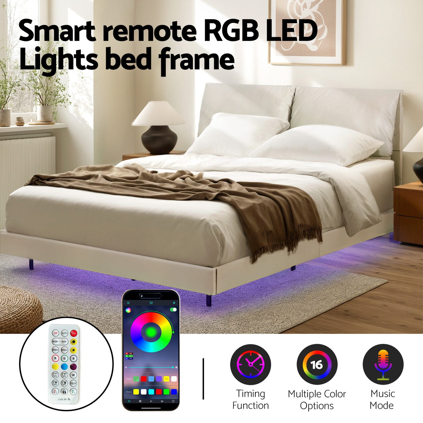 Queen Bed Frame RGB LED Floating Beds Adjustable Headboard Beige White By Artiss