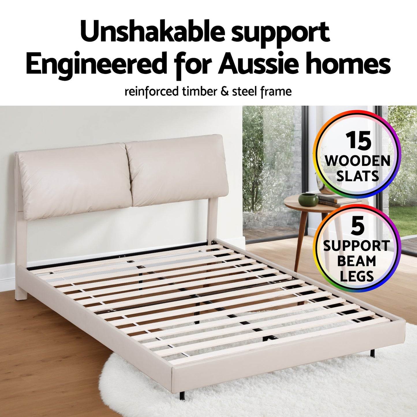 Queen Bed Frame RGB LED Floating Beds Adjustable Headboard Beige White By Artiss