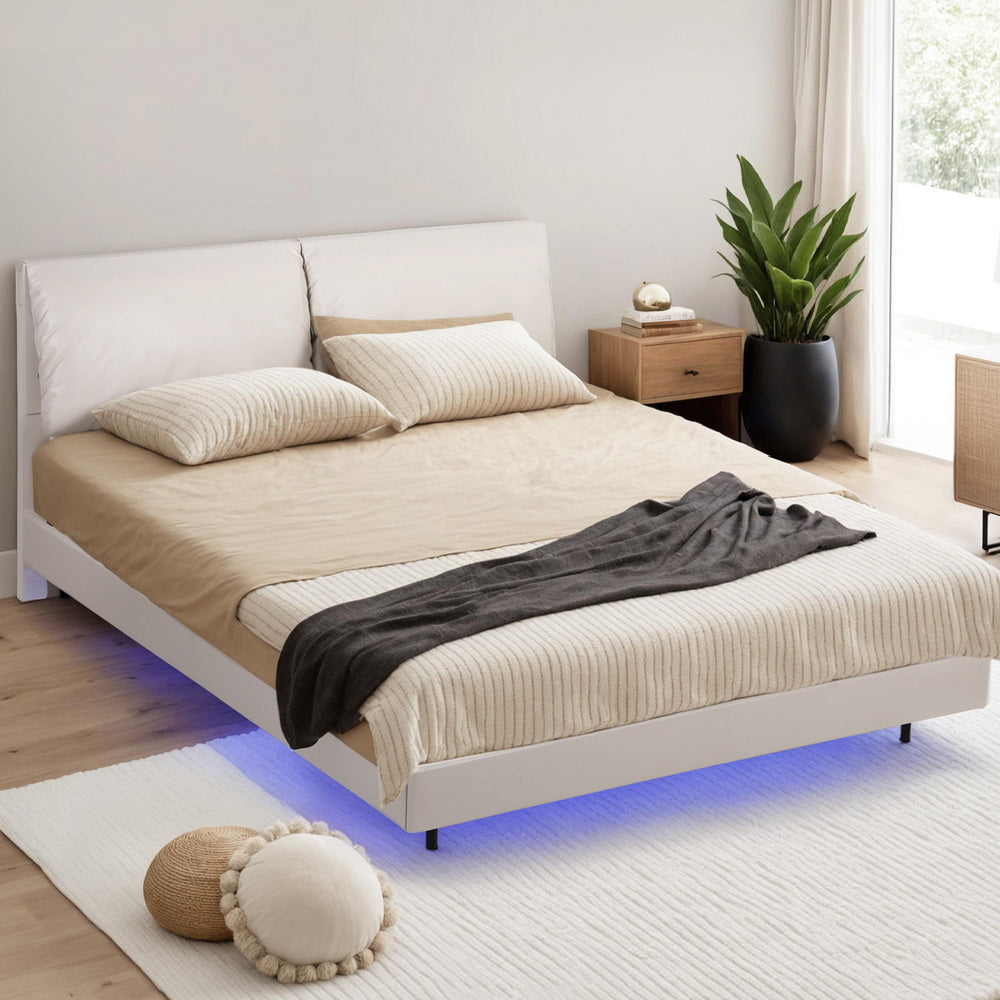 Queen Bed Frame RGB LED Floating Beds Adjustable Headboard Beige White By Artiss