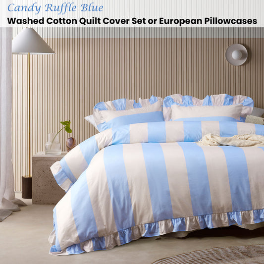 Vintage Design Homewares Candy Ruffle Blue Striped Washed Cotton Quilt Cover Set Queen