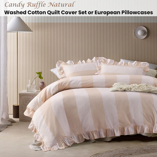 Vintage Design Homewares Candy Ruffle Natural Striped Washed Cotton Quilt Cover SetSuper King