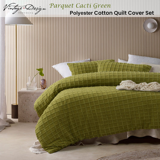 Vintage Design Homewares Parquet Cacti Green Polyester Cotton Quilt Cover Set King