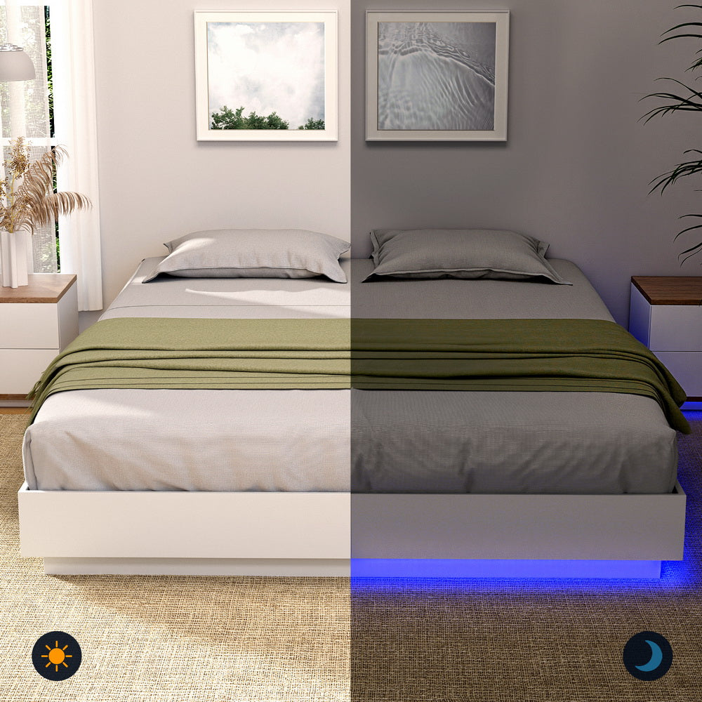 Double Bed Frame with 16Colour Led Light Wooden Platform Bed Base DAYGLOW By Artiss