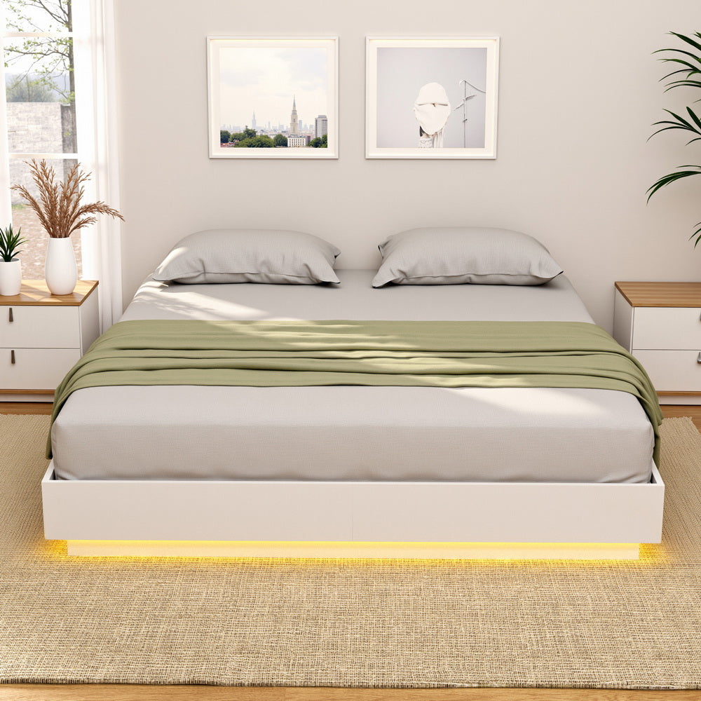 Double Bed Frame with 16Colour Led Light Wooden Platform Bed Base DAYGLOW By Artiss