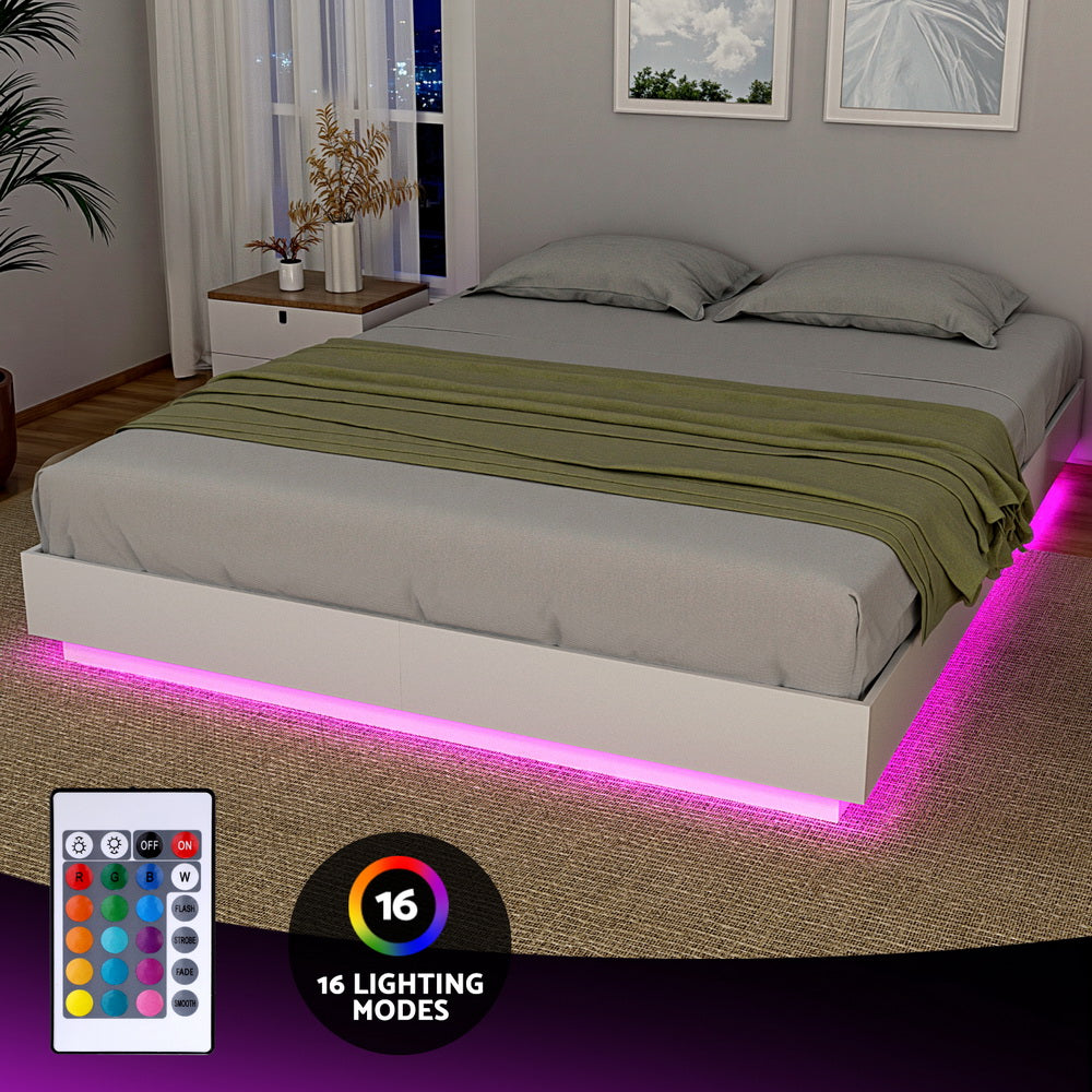 Queen Bed Frame with 16Colour Led Light Wooden Platform Bed Base DAYGLOW By Artiss