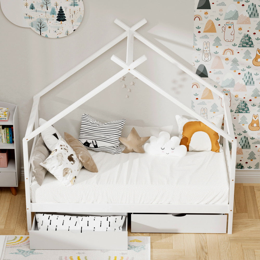 Bed Frame Wooden Base Kids Single Timber House with 2 Storage Drawers Beds White By Artiss