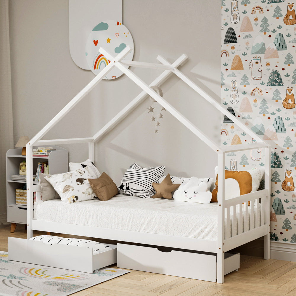 Bed Frame Wooden Base Kids Single Timber House with 2 Storage Drawers Beds White By Artiss