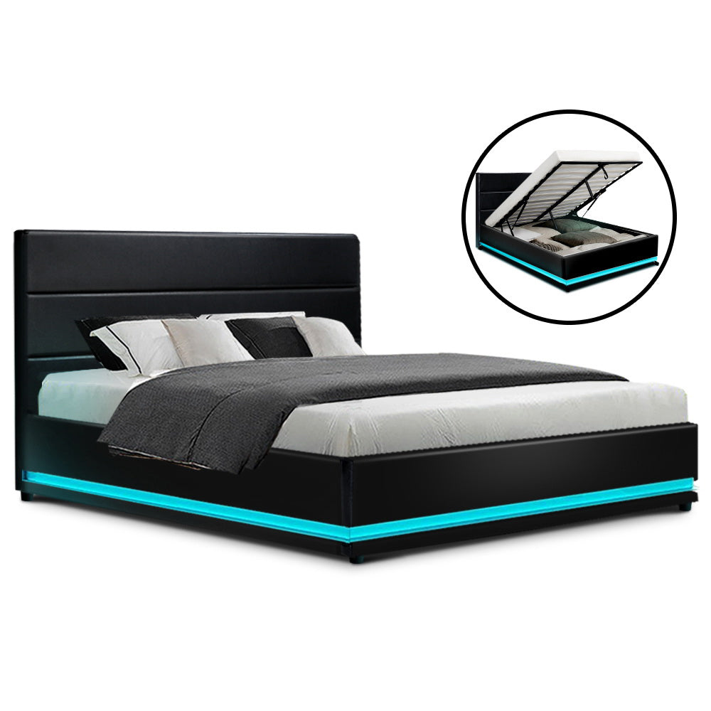 Bed Frame Double Size LED Gas Lift Black LUMI By Artiss