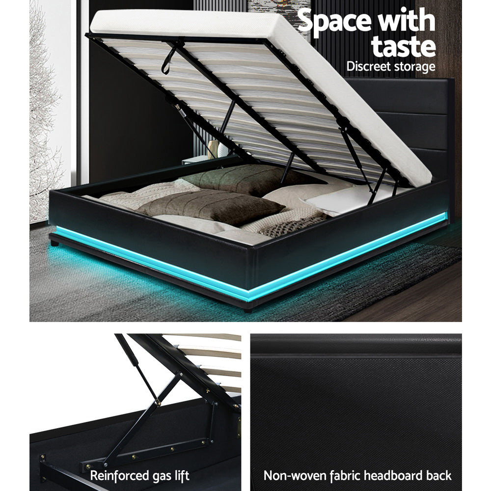 Bed Frame Double Size LED Gas Lift Black LUMI By Artiss
