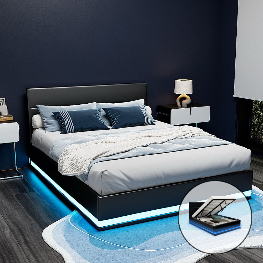 Bed Frame Double Size LED Gas Lift Black LUMI By Artiss