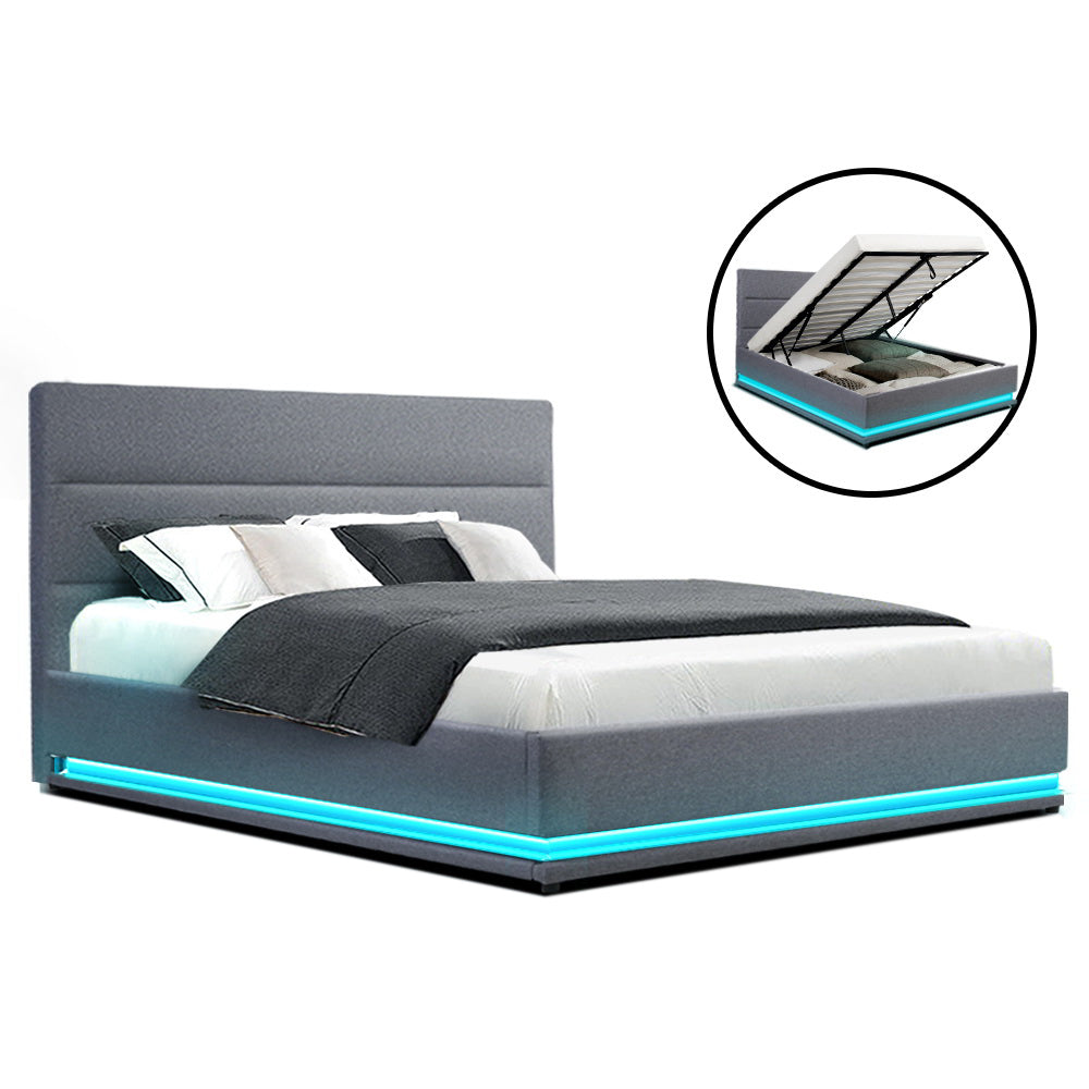 Bed Frame Queen Size LED Gas Lift Grey LUMI By Artiss