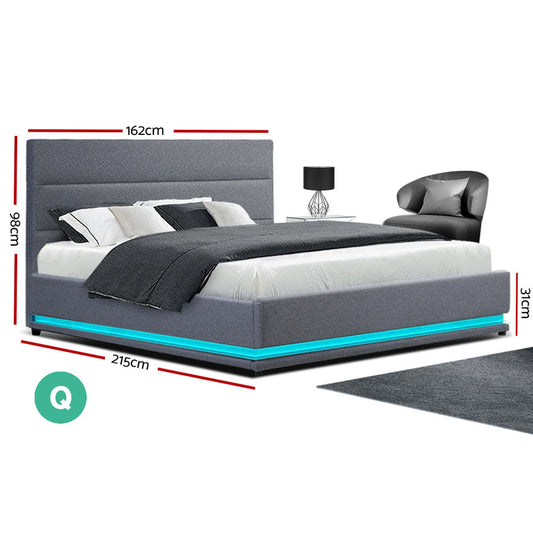 Bed Frame Queen Size LED Gas Lift Grey LUMI By Artiss