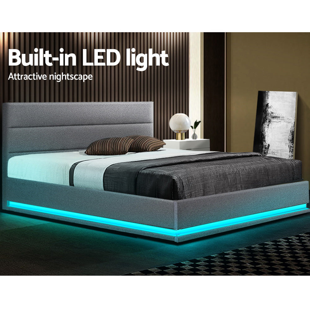 Bed Frame Queen Size LED Gas Lift Grey LUMI By Artiss