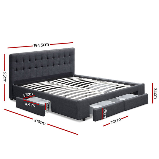 Bed Frame King Size with 4 Drawers Charcoal AVIO By Artiss