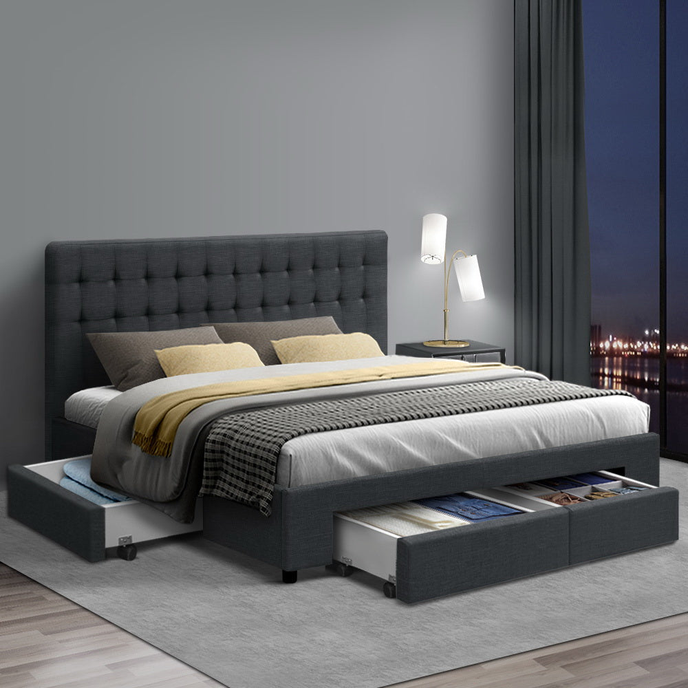 Bed Frame King Size with 4 Drawers Charcoal AVIO By Artiss
