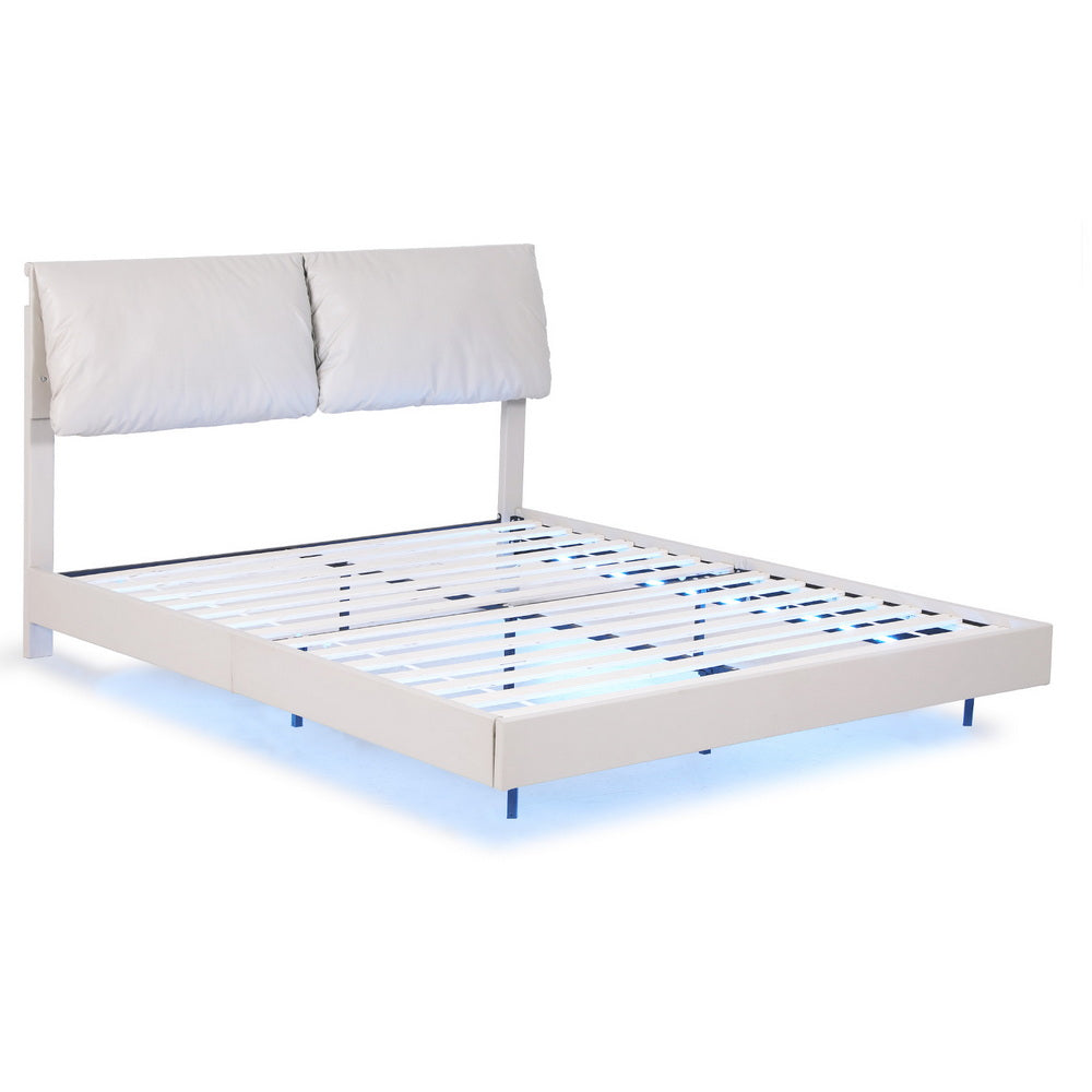 Queen Bed Frame RGB LED Floating Beds Adjustable Headboard Beige White By Artiss