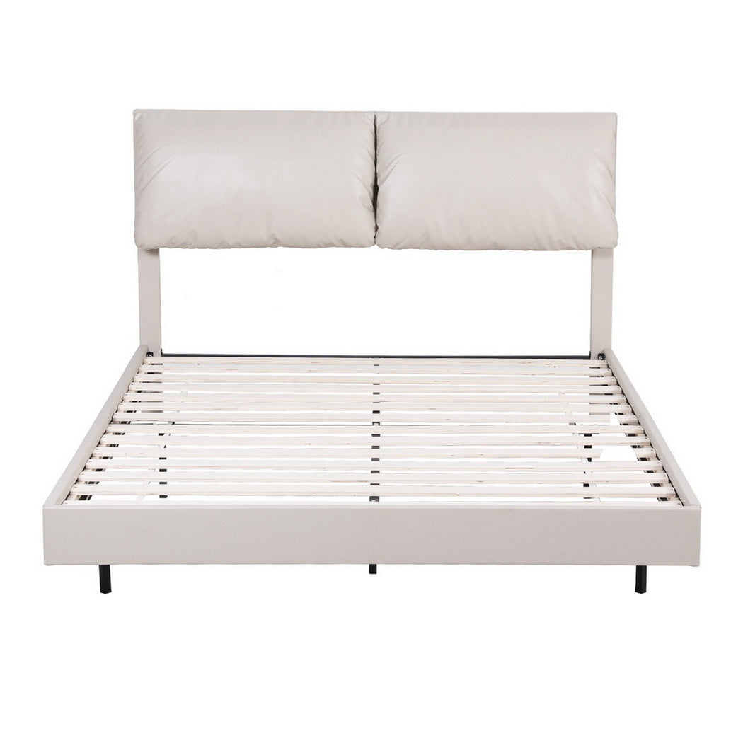 Queen Bed Frame RGB LED Floating Beds Adjustable Headboard Beige White By Artiss