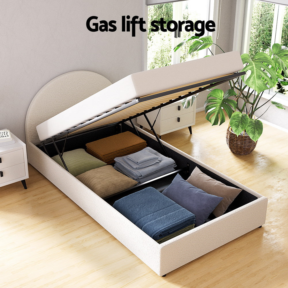 Bed Frame Gas Lift Strorage Beds Base Platform Boucle Fabric King Single ELLA By Artiss