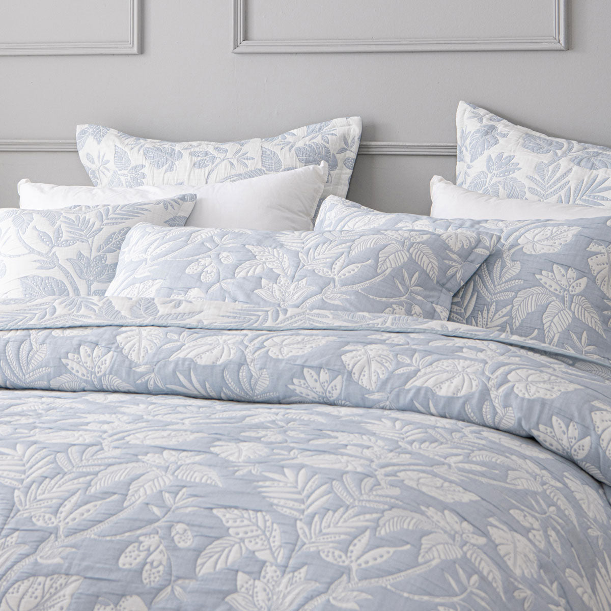 Bianca Laurieton Blue Jacquard Botanical Bedspread Set Double