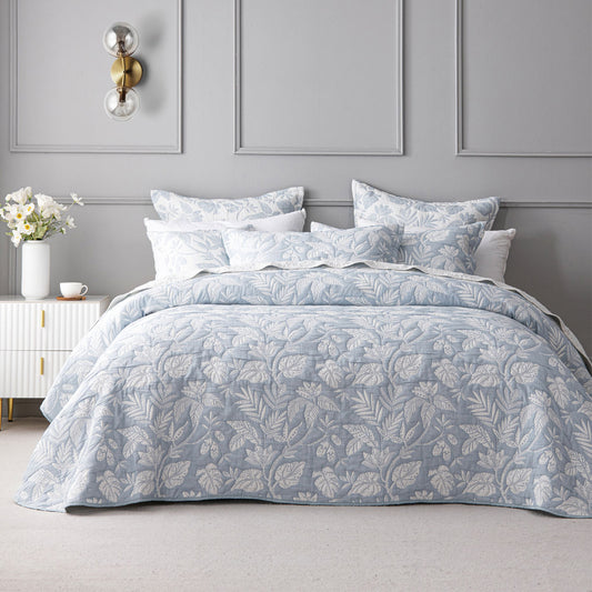 Bianca Laurieton Blue Jacquard Botanical Bedspread Set Super King