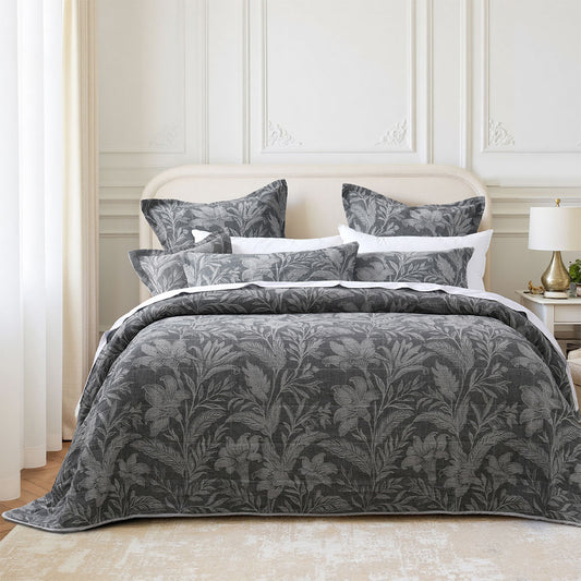 Bianca Maidstone Grey Floral Jacquard Bedspread Set Super King