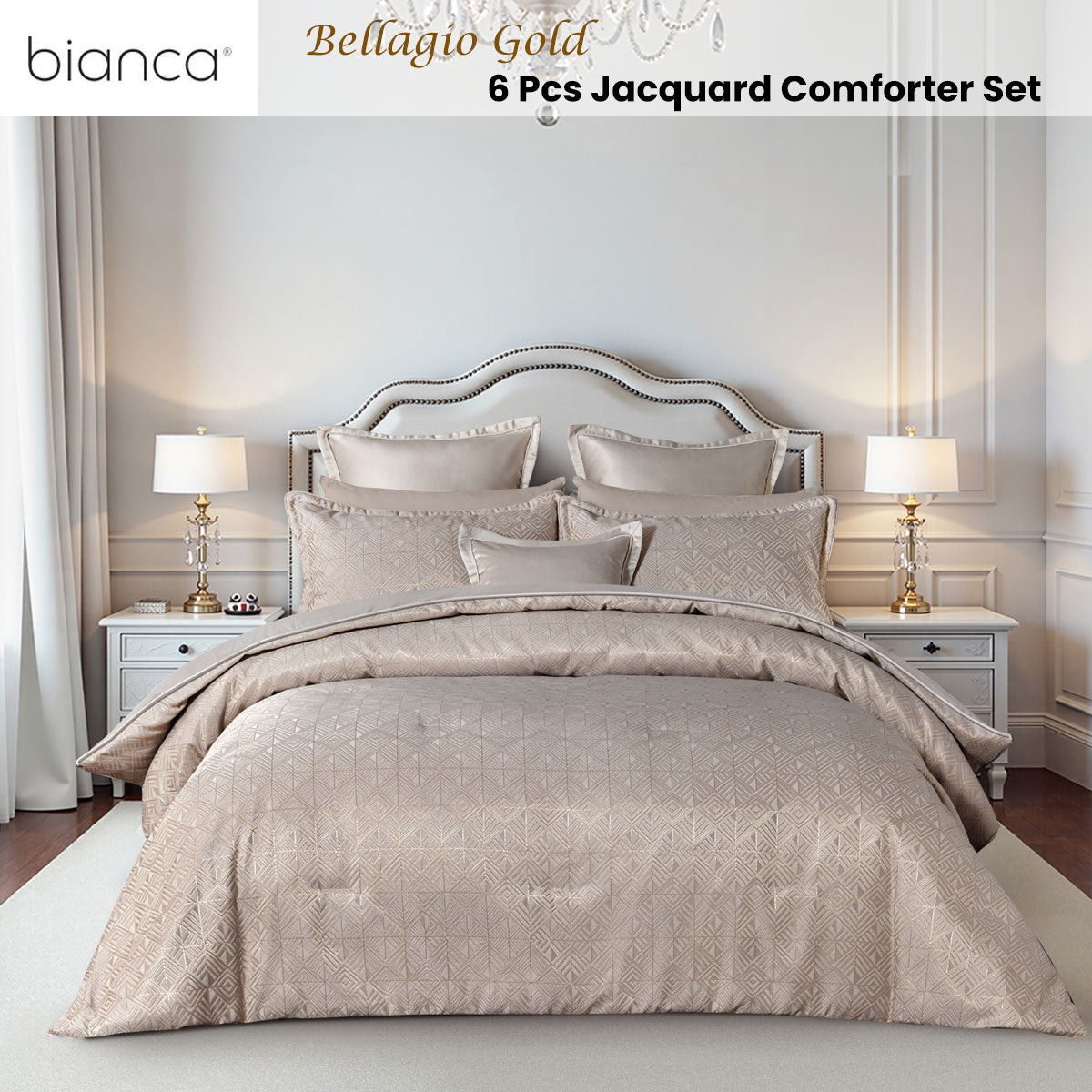 Bianca Bellagio Gold 6 Pcs Jacquard Geometric Comforter Set Queen/King