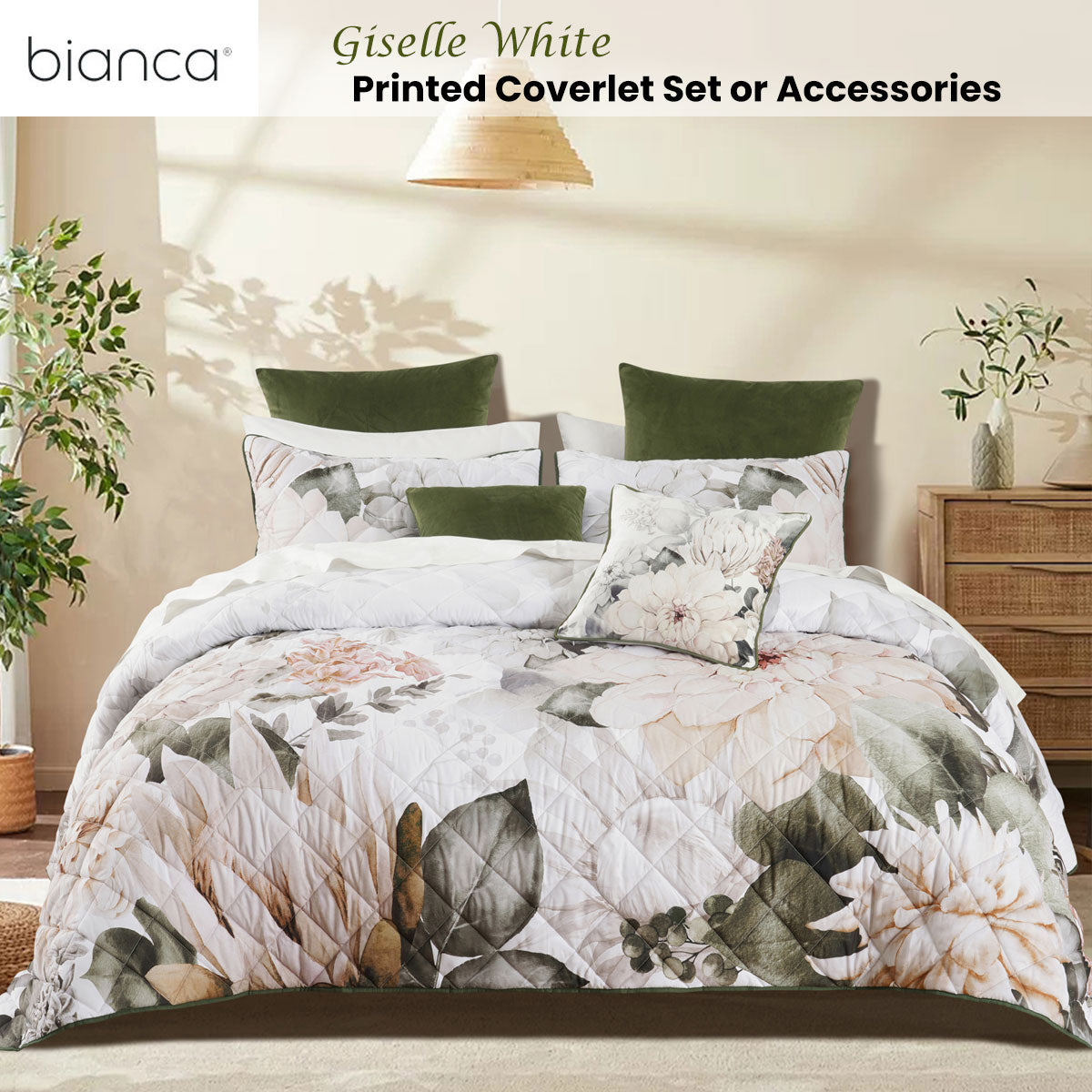 Bianca Giselle White Polyester Printed Floral Coverlet Set Queen/King