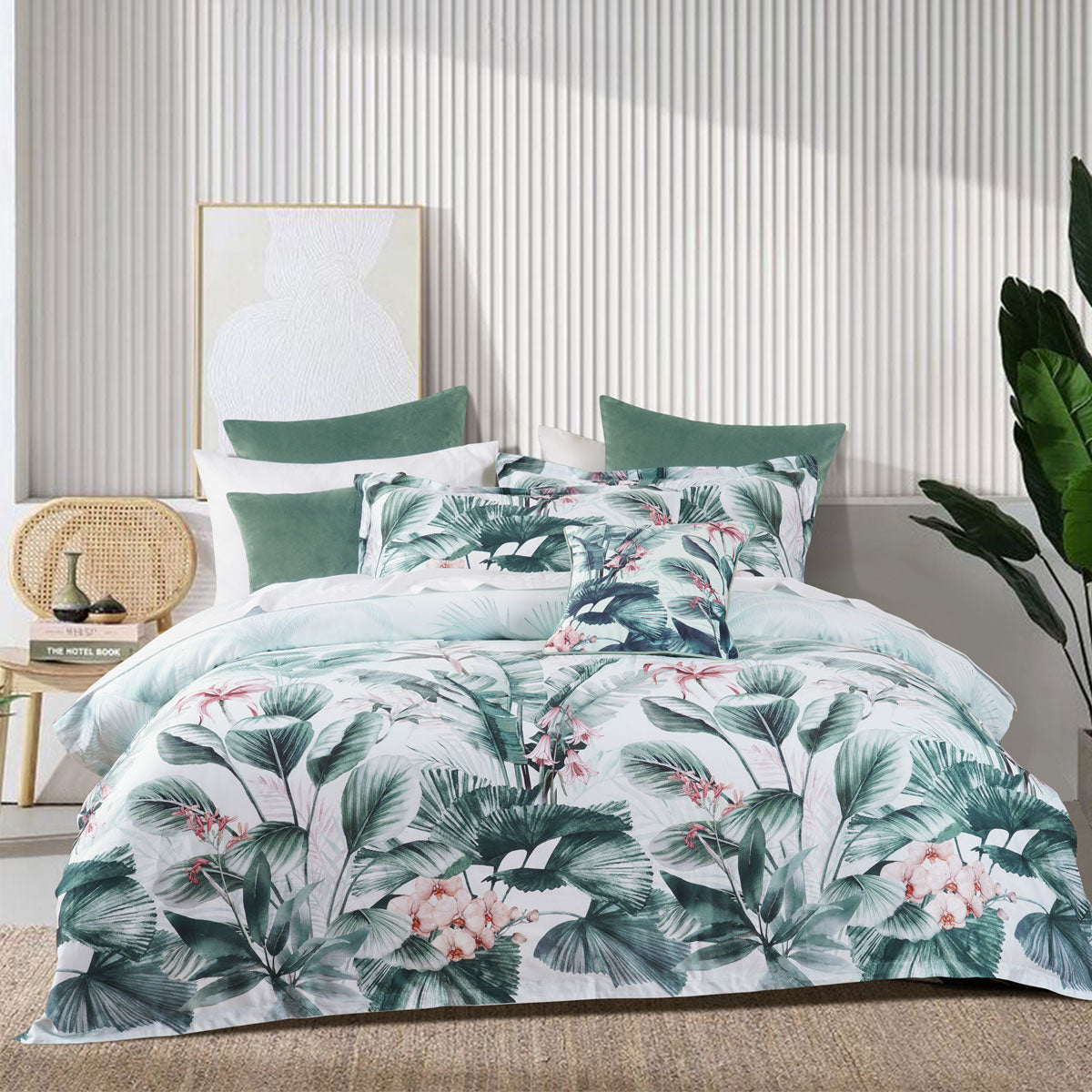 Bianca Abbey Green Cotton Sateen Tropical Floral Quilt Cover Set Double