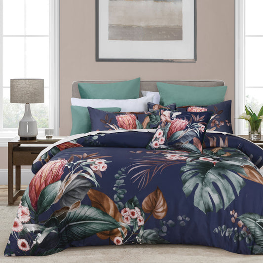Bianca Balwyn Navy Cotton Sateen Botanical Quilt Cover Set Super King