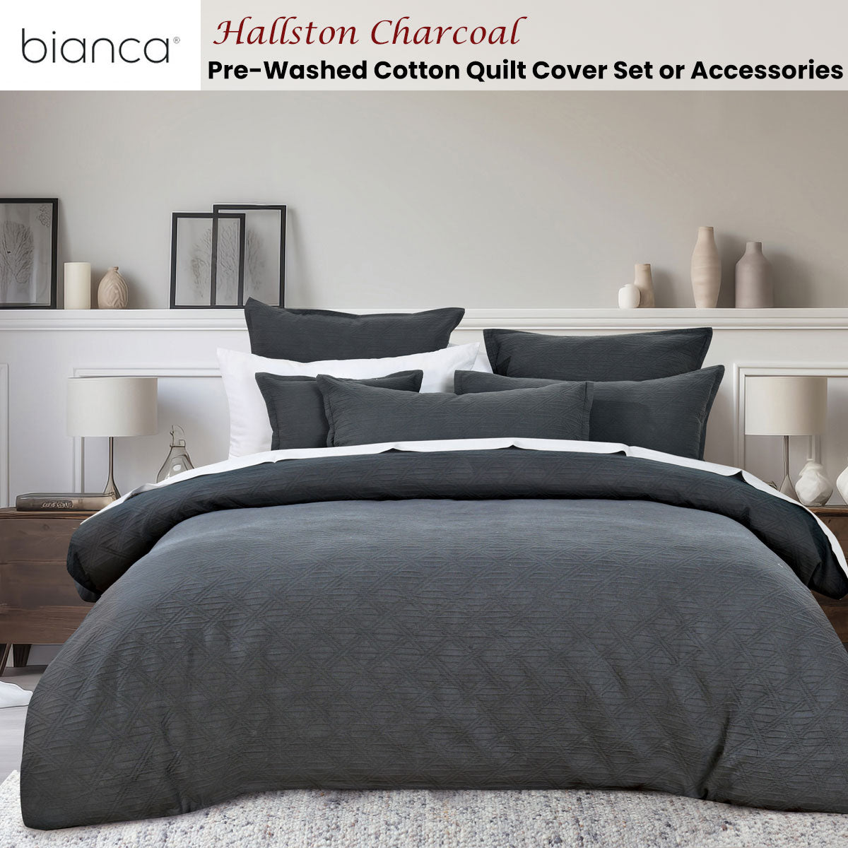 Bianca Hallston Charcoal Pre-Washed Cotton Quilt Cover Set Super King