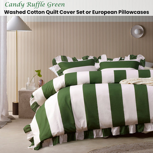 Vintage Design Homewares Candy Ruffle Green Striped Washed Cotton Quilt Cover Set King