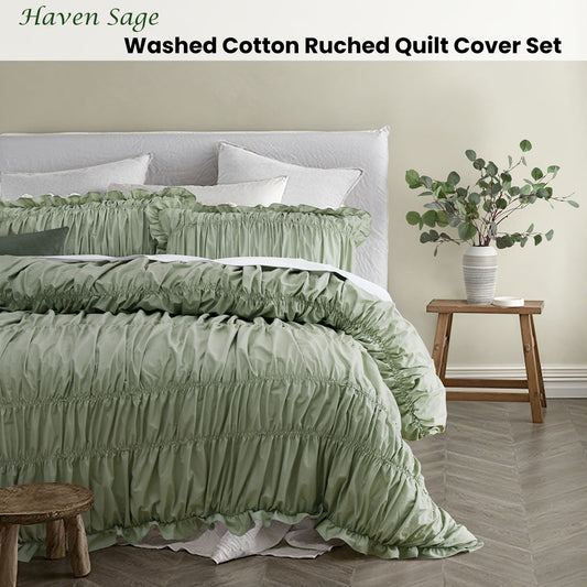 Vintage Design Homewares Haven Sage Washed Cotton Ruched Quilt Cover Set King