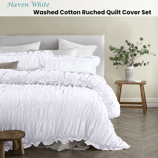 Vintage Design Homewares Haven White Washed Cotton Ruched Quilt Cover Set Double