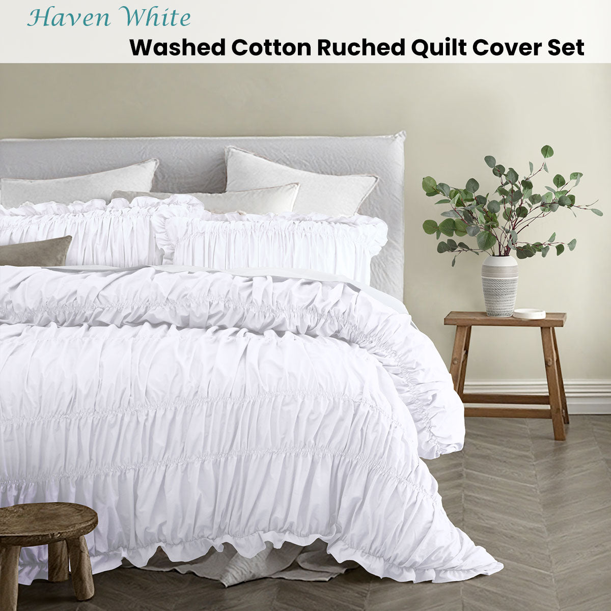 Vintage Design Homewares Haven White Washed Cotton Ruched Quilt Cover Set King