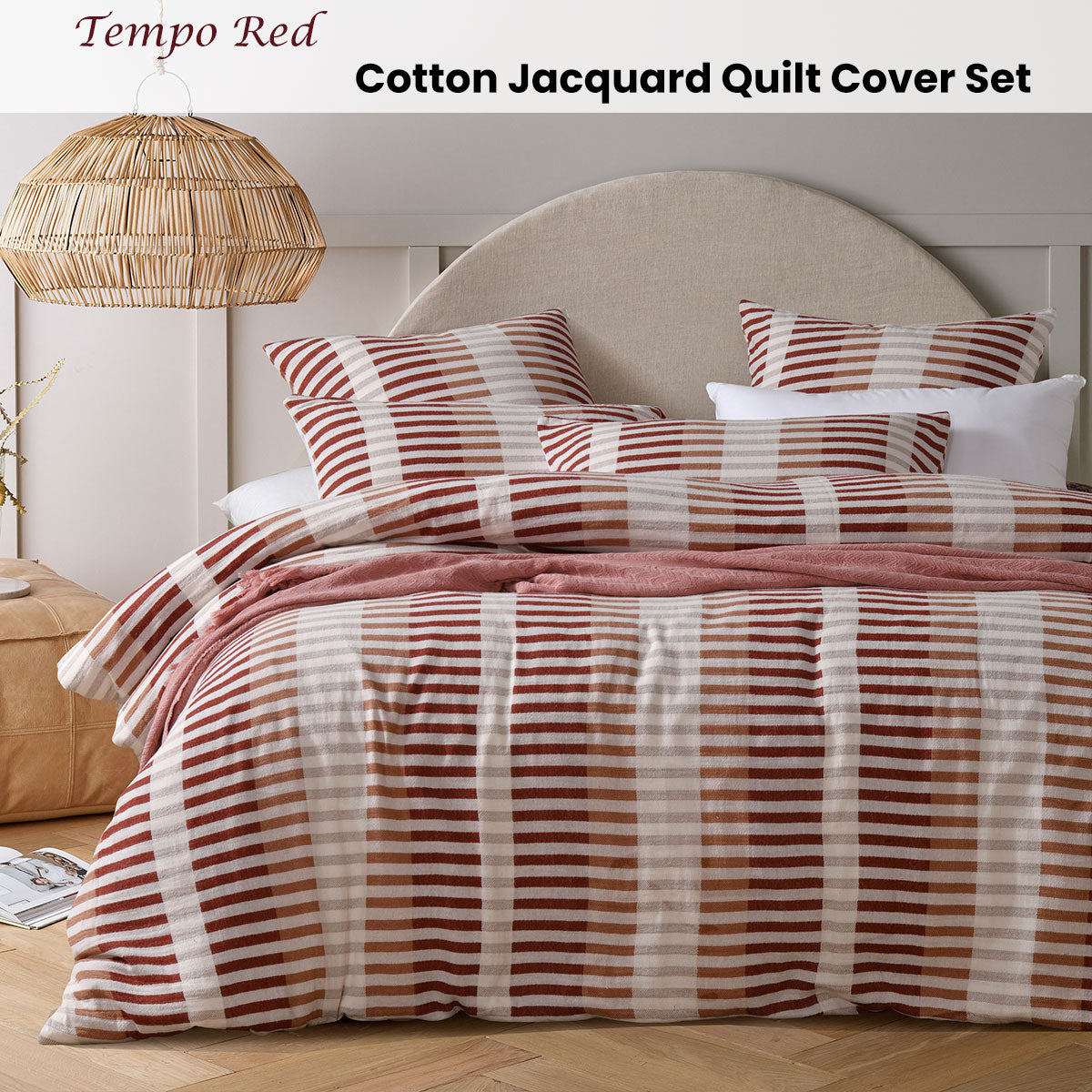 Vintage Design Homewares Tempo Red Cotton Jacquard Quilt Cover Set Queen