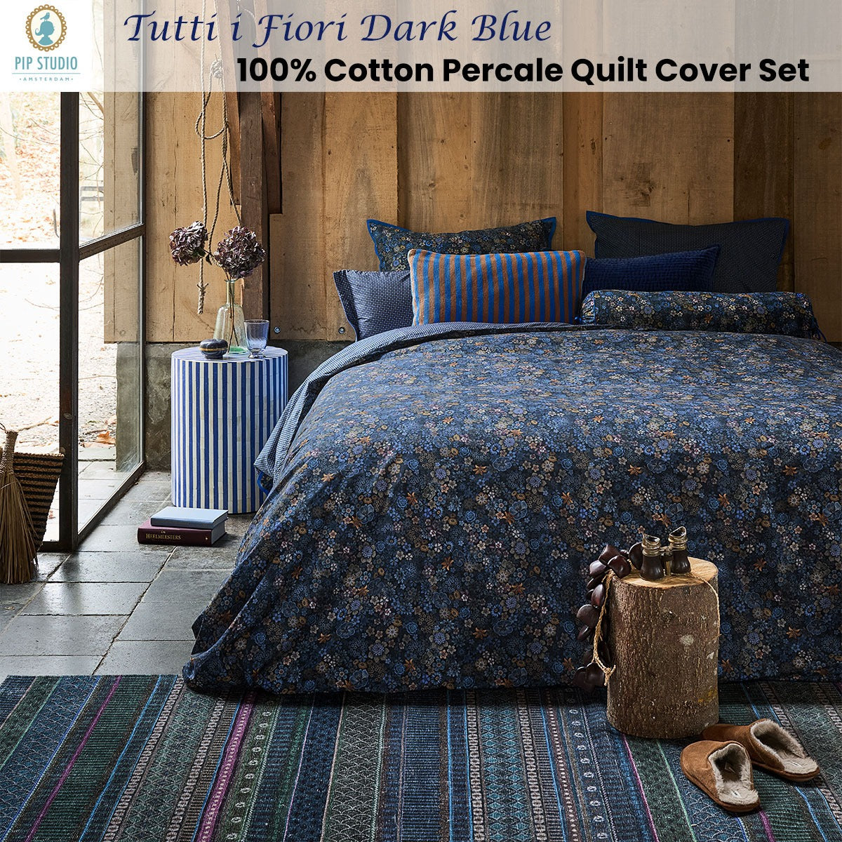 PIP Studio Tutti i Fiori Dark Blue Cotton Quilt Cover Set King