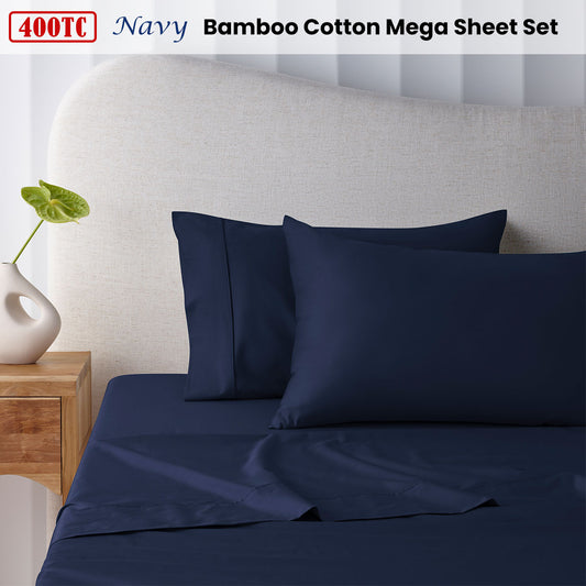 Accessorize 400TC Navy Bamboo Cotton Mega Sheet Set 50cm Wall King