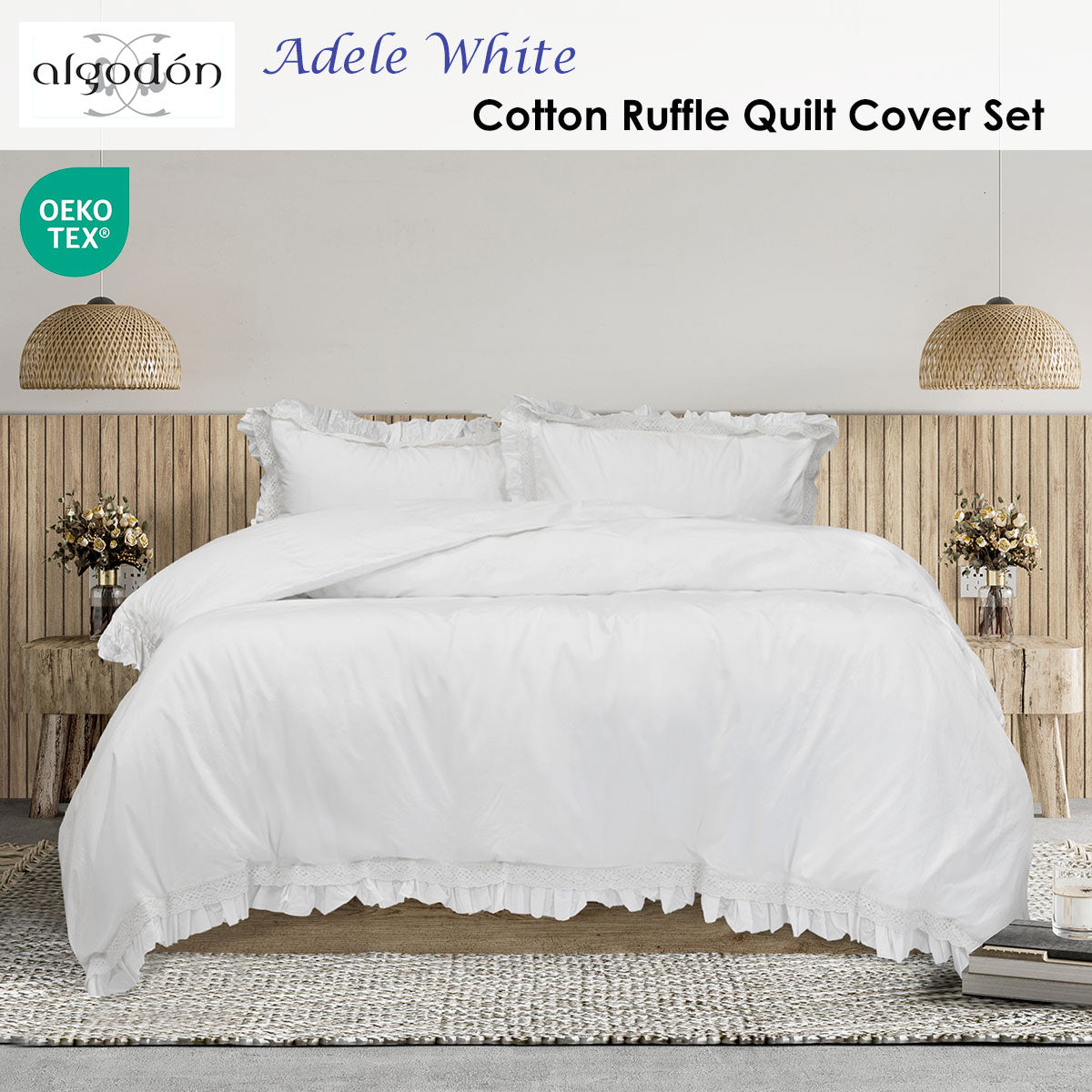 Algodon Adele White Cotton Ruffle Quilt Cover Set King