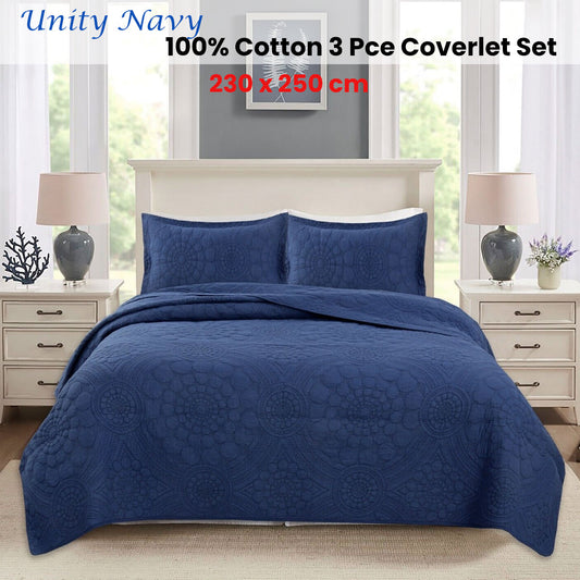 100% Cotton Lightly Quilted Coverlet Set Unity Navy Queen