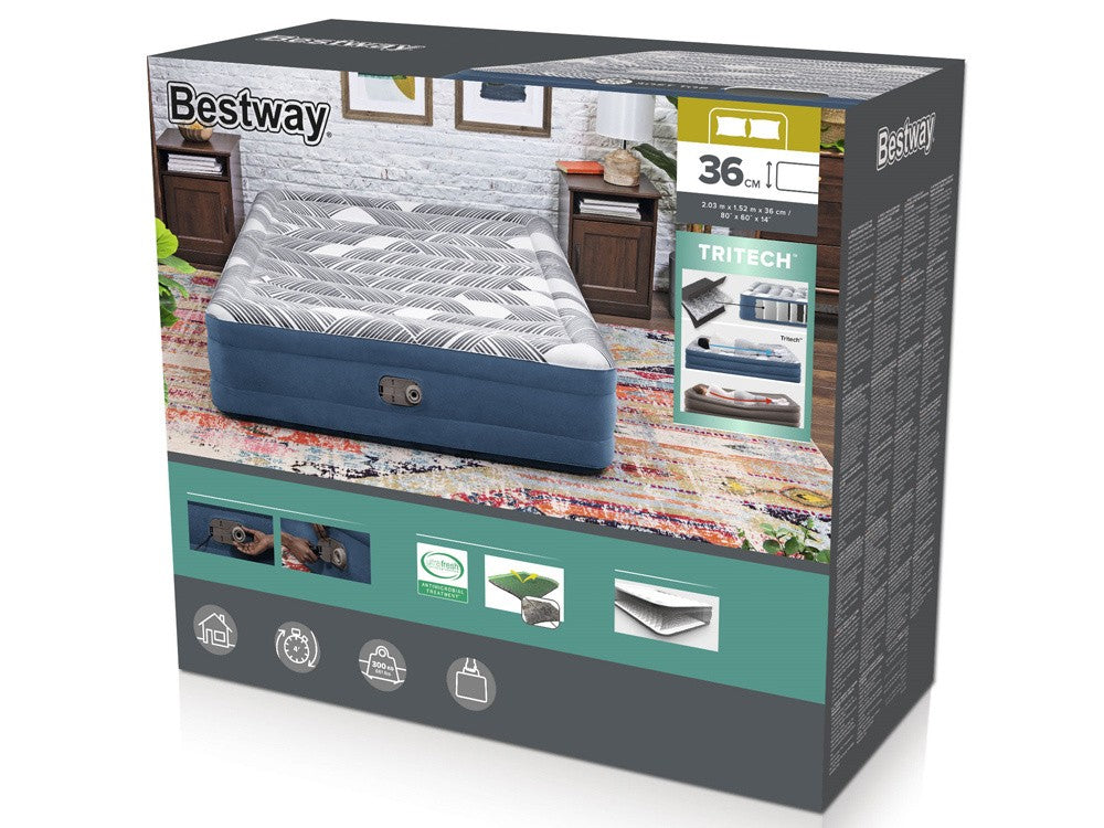 2.03m x 1.52m x 36cm Tritech Fashion Flock comfortable inflatable Air Mattress Queen Built-in AC Pump By Bestway