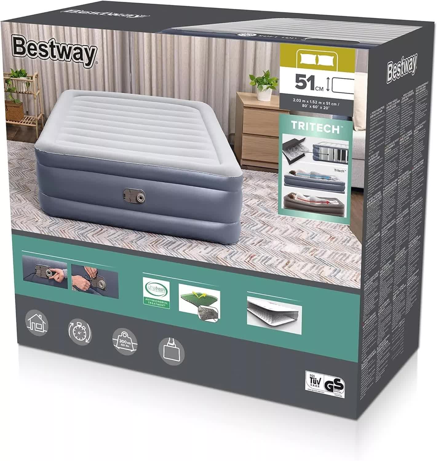 2.03m x 1.52m x 51cm Tritech Air Inflatable Mattress Queen Built-in AC Pump By Bestway