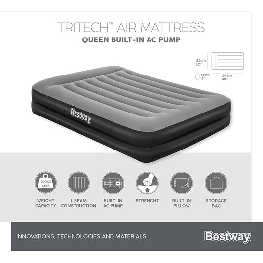 2.03m x 1.52m x 46cm Tritech Air Mattress Queen Built-in AC pump By Bestway