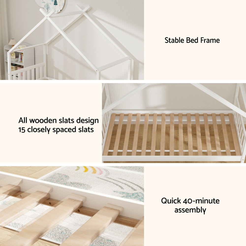 Bed Frame Wooden Base Kids Single Timber House Beds White By Artiss