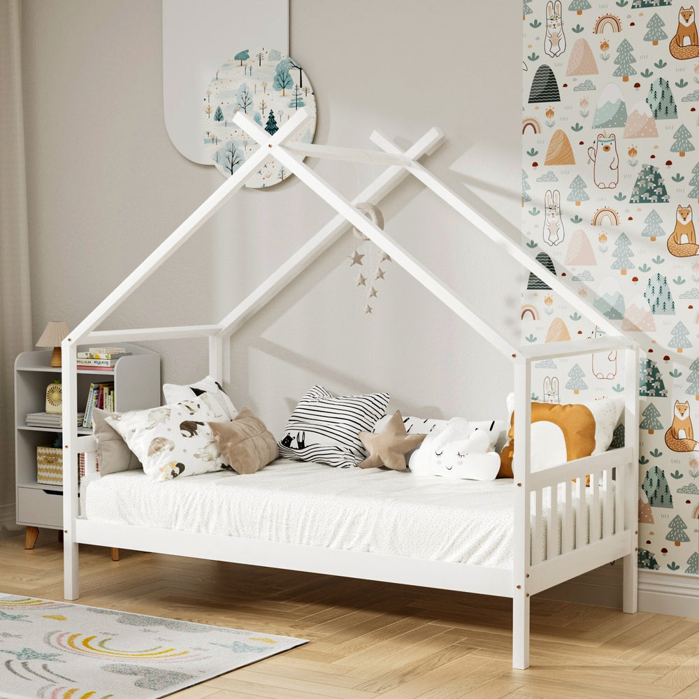 Bed Frame Wooden Base Kids Single Timber House Beds White By Artiss